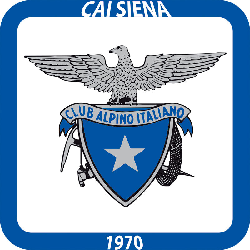Logo CAI SIena. Il logo CAI è composto da un grande perimetro blu a forma di un quadrato con gli angoli smussati. Dentro al quadrato c' è scritto in alto CAI SIENA di colore bianco in orizzontale mentre in basso viene riportato il numero 1970 di bianco in orizzontale. All' interno c’è un quadrato bianco con gli angoli smussati con al centro una grande aquila grigia che guarda verso sinistra e regge con gli artigli uno scudo triangolare di colore blu come il perimetro. Lo scudo ha raffigurato al centro una stella grigia mentre verso l’alto un nastro grigio con una scritta in stampatello di colore blu CLUB ALPINO ITALIANO. Dietro allo scudo a sinistra appare una piccozza obliqua.