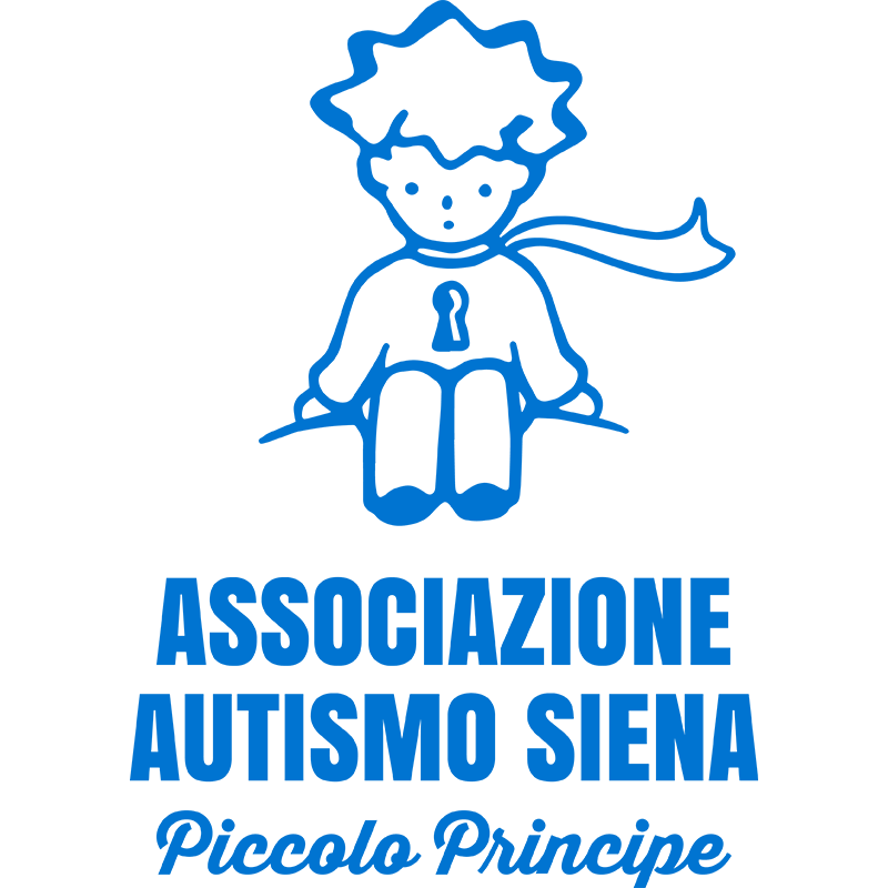 Logo Associazione Autismo Siena. Al centro c' è un grande bambino dai contorni azzurri con i capelli corti ricci e spettinati. È seduto su un pianeta. Indossa una sciarpa che sventola verso destra, un golfino con una serratura in mezzo al petto e un paio di pantaloni. Sotto al bambino c’è una scritta orizzontale di colore azzurro in grassetto “Associazione Autismo Siena “. Sotto ancora c’è un’altra scritta “Piccolo Principe” di colore azzurro orizzontale in corsivo.
