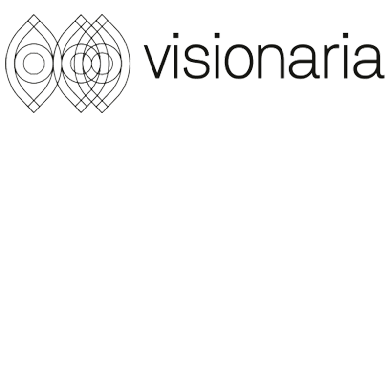 Logo Visionaria. Il logo raffigura in verticale tre occhi grandi con all'interno una piccola pupilla e in orizzontale la scritta “visionaria” di colore nero in corsivo.