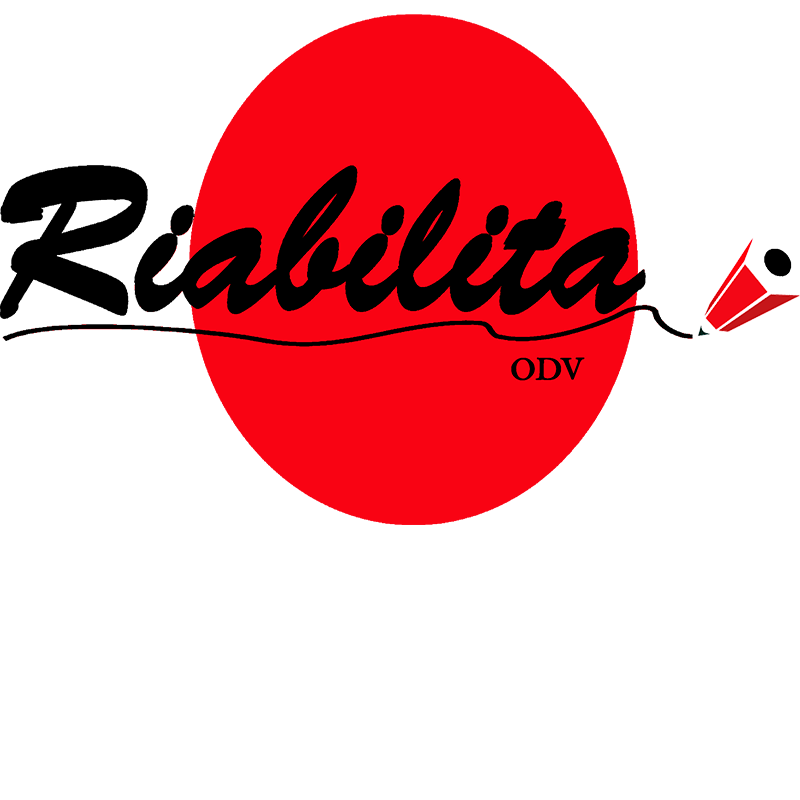 Logo Riabilita. Il logo ha la forma di un grande cerchio di diametro 4 cm. Il cerchio è colorato al suo interno di rosso scuro. Al centro del cerchio in orizzontale c’è una scritta di colore nero “Riabilita” in grassetto. La scritta è sottolineata da un segno di matita che va da sinistra verso destra e termina con la punta della matita rossa.
