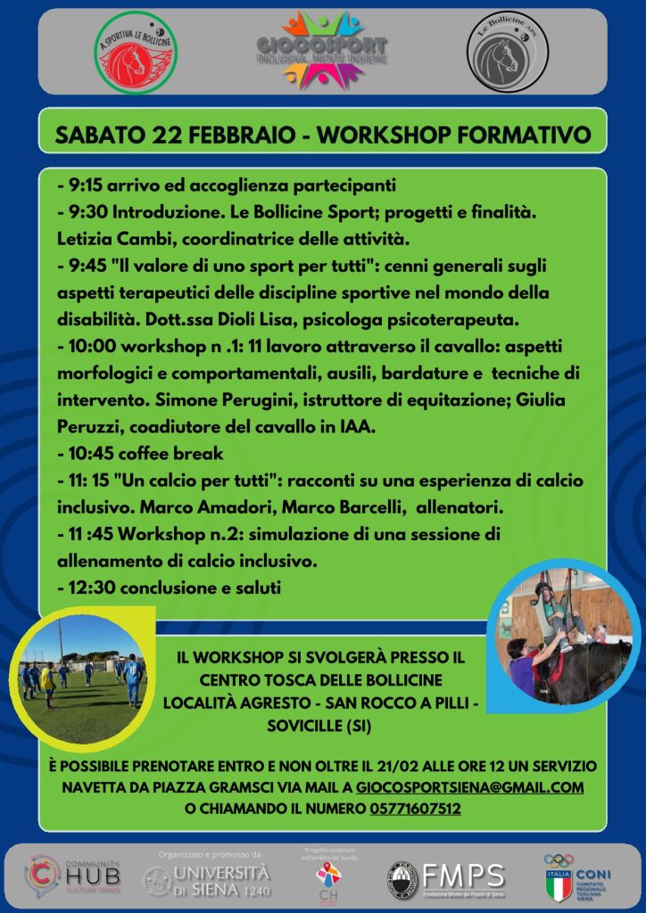locandina del workshop su calcio e equitazione di le bollicine