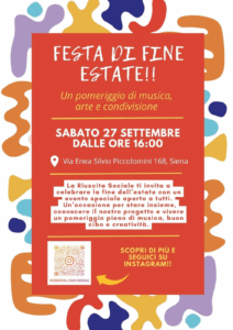 Un pomeriggio di musica, arte e condivisione.
La Riuscita Sociale ti invita a celebrare la fine dell'estate con un evento speciale aperto a tutti.
Un'occasione per stare insieme, conoscere il nostro progetto e vivere un pomeriggio pieno di musica, buon cibo e creativita.