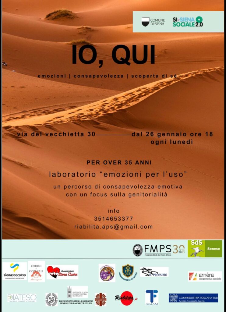 volantino con le informazioni del laboratorio emozioni per l'uso, sullo sfondo un deserto